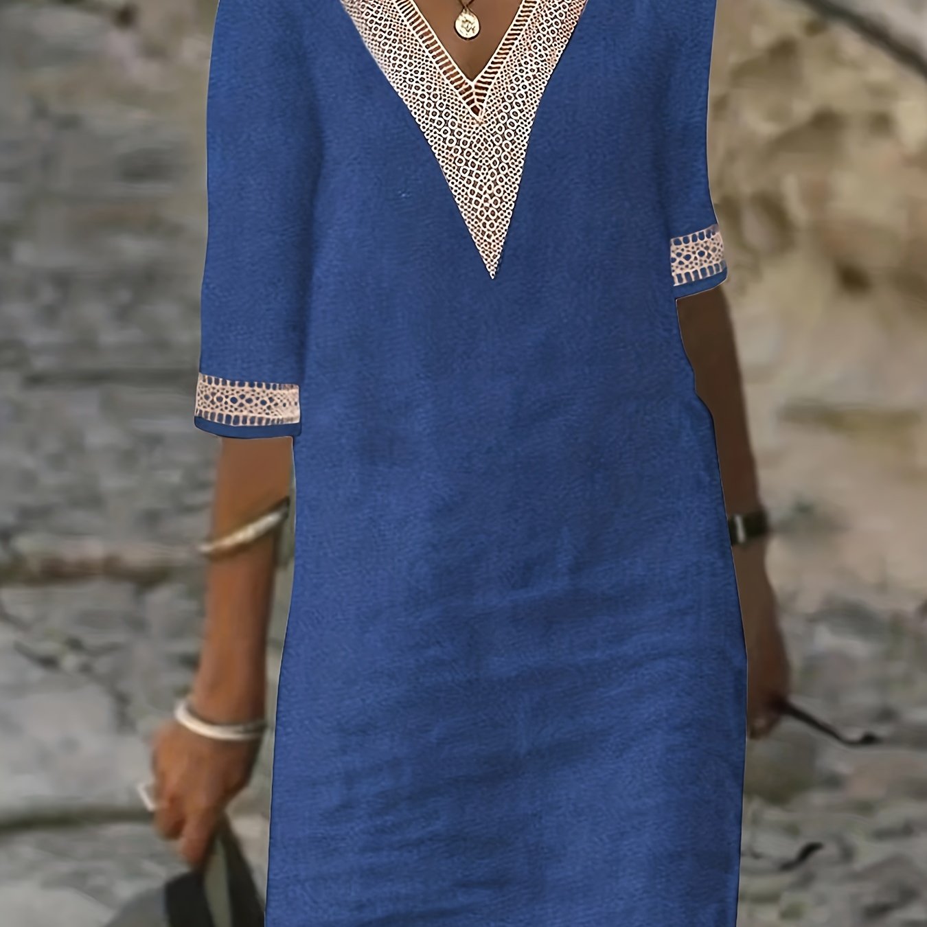 Wendy-V-Neck Lace Half-Sleeve Dress