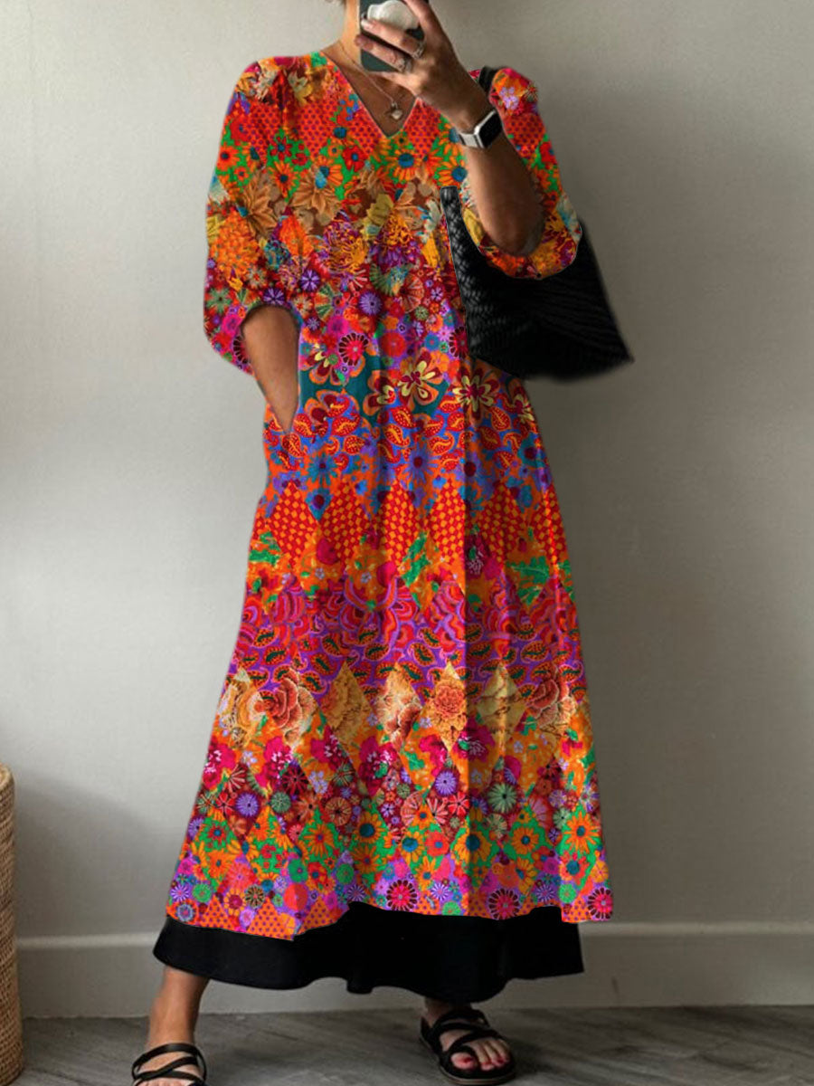 Nicole™ Vintage Flower Art Print Pocket V-neck Cotton Dress