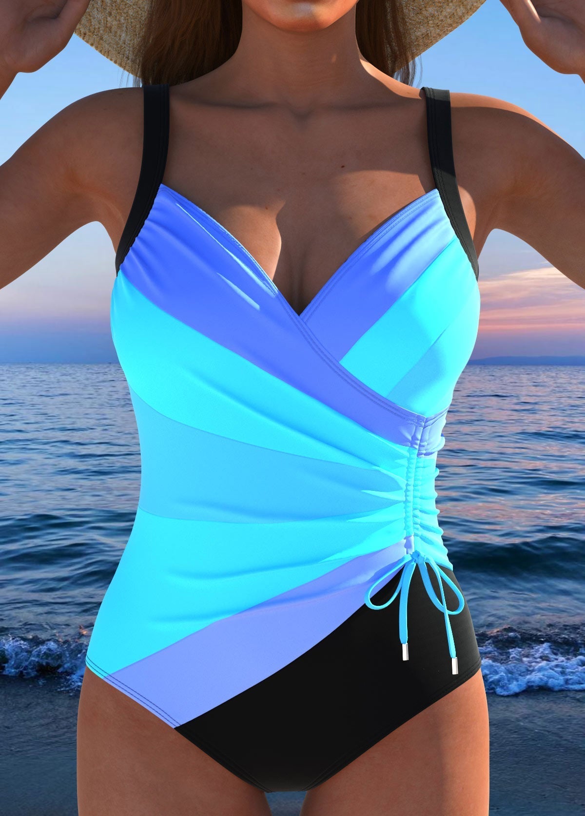 Luxury Surplice Black Swimsuit with Colorful Print