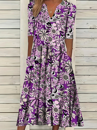 Gabi™-Elegant Floral Print V-Neck Midi Dress