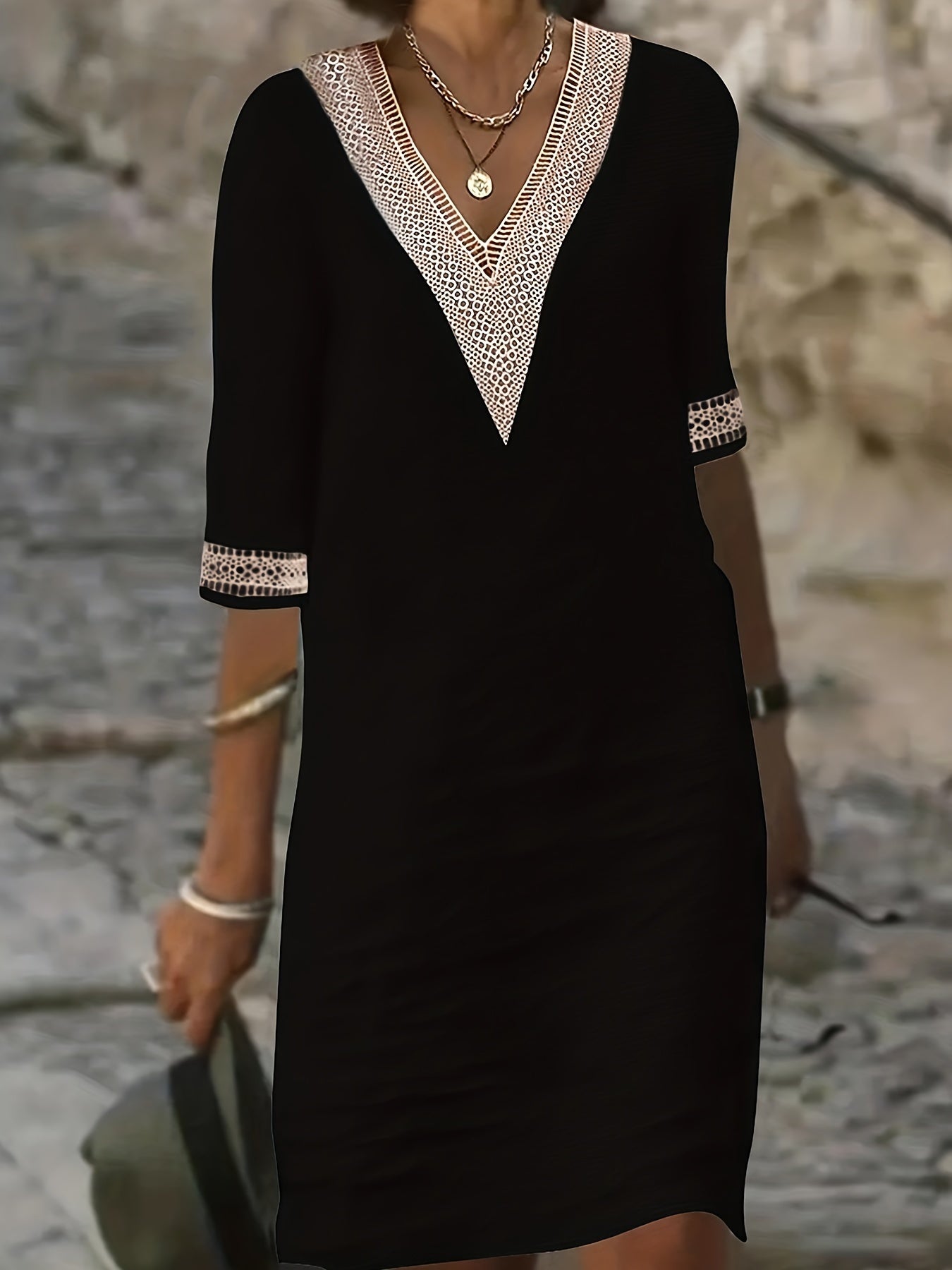 Wendy-V-Neck Lace Half-Sleeve Dress