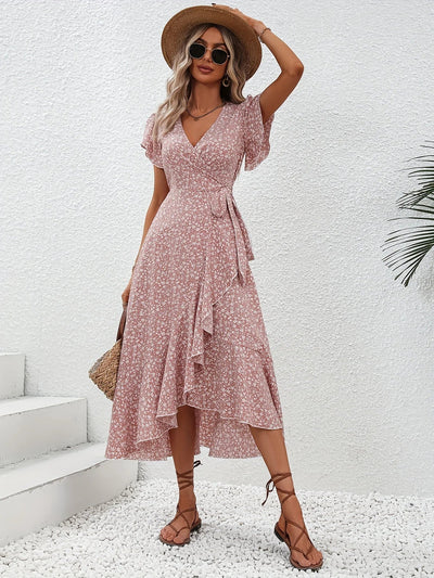V-Neck Floral Mini Wrap Dress